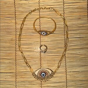 Gold Evil Eye Necklace and Bracelet/Ring Set